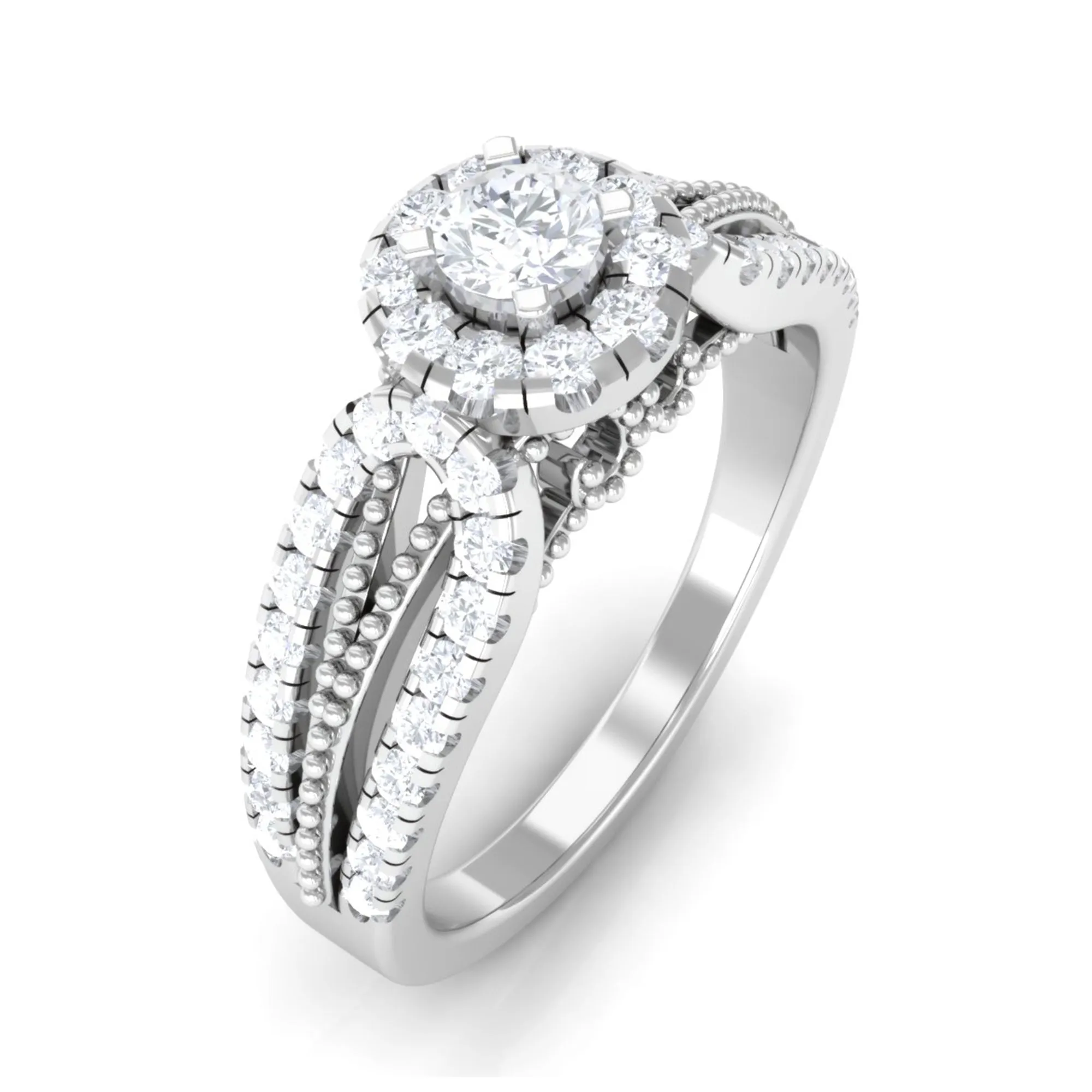 1 CT Split Shank Zircon Designer Engagement Ring with Beaded Gold