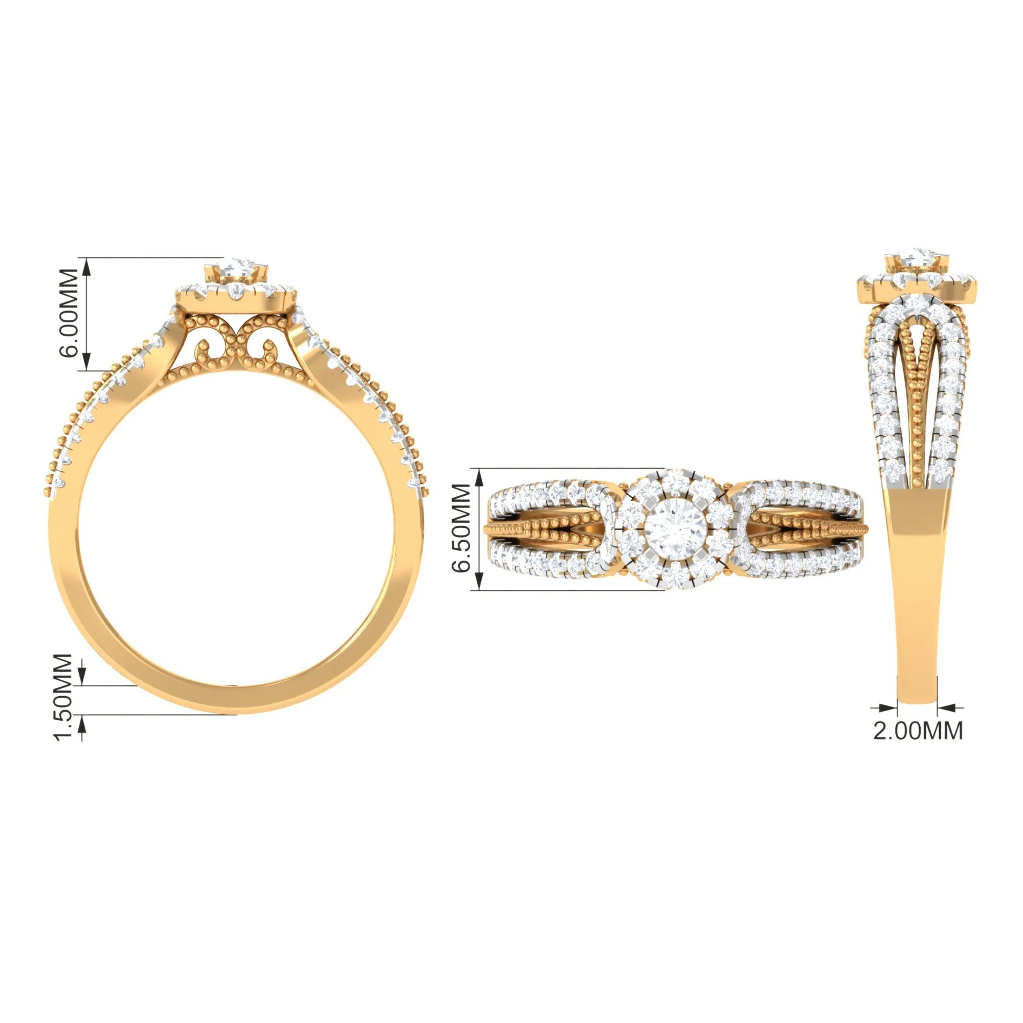 1 CT Split Shank Zircon Designer Engagement Ring with Beaded Gold