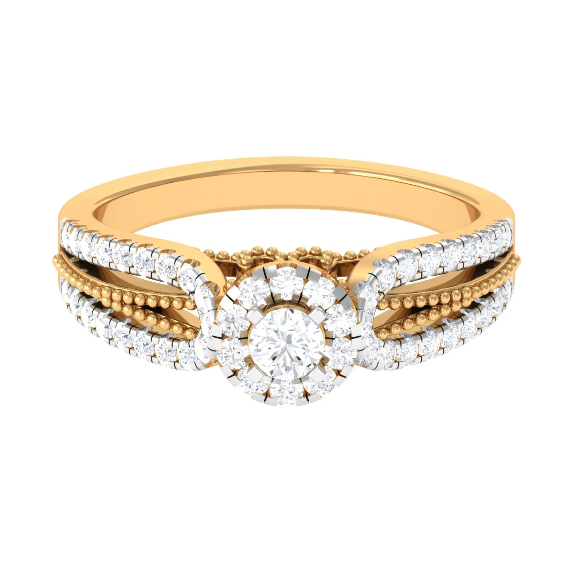 1 CT Split Shank Zircon Designer Engagement Ring with Beaded Gold