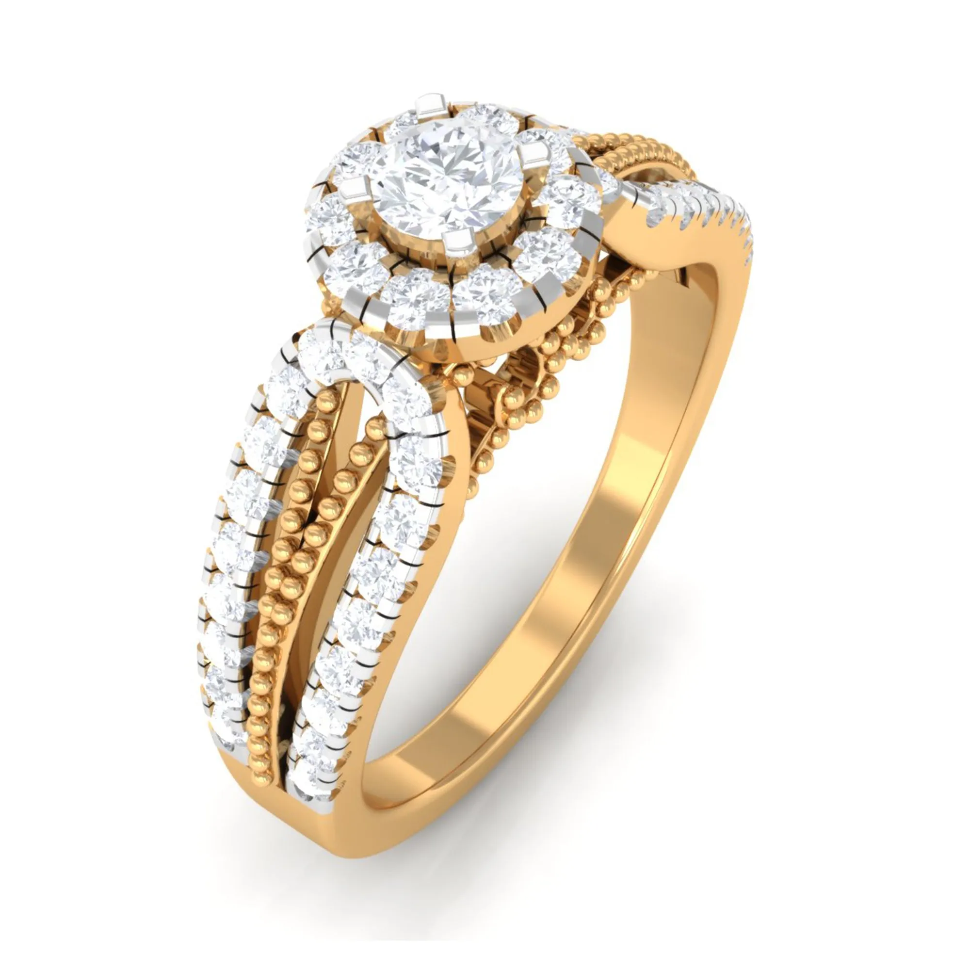 1 CT Split Shank Zircon Designer Engagement Ring with Beaded Gold