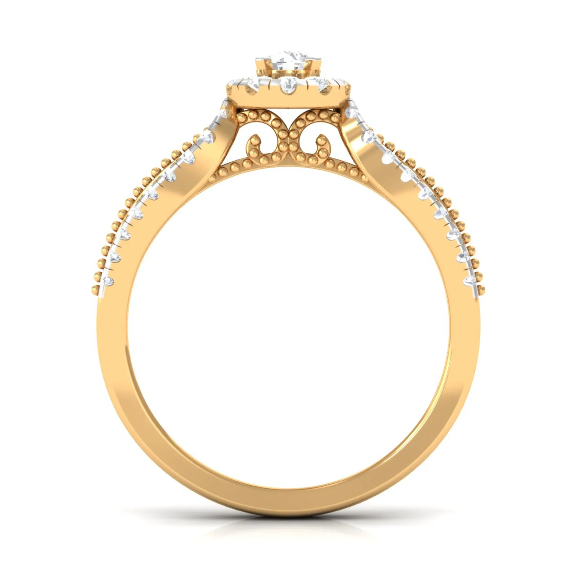 1 CT Split Shank Zircon Designer Engagement Ring with Beaded Gold