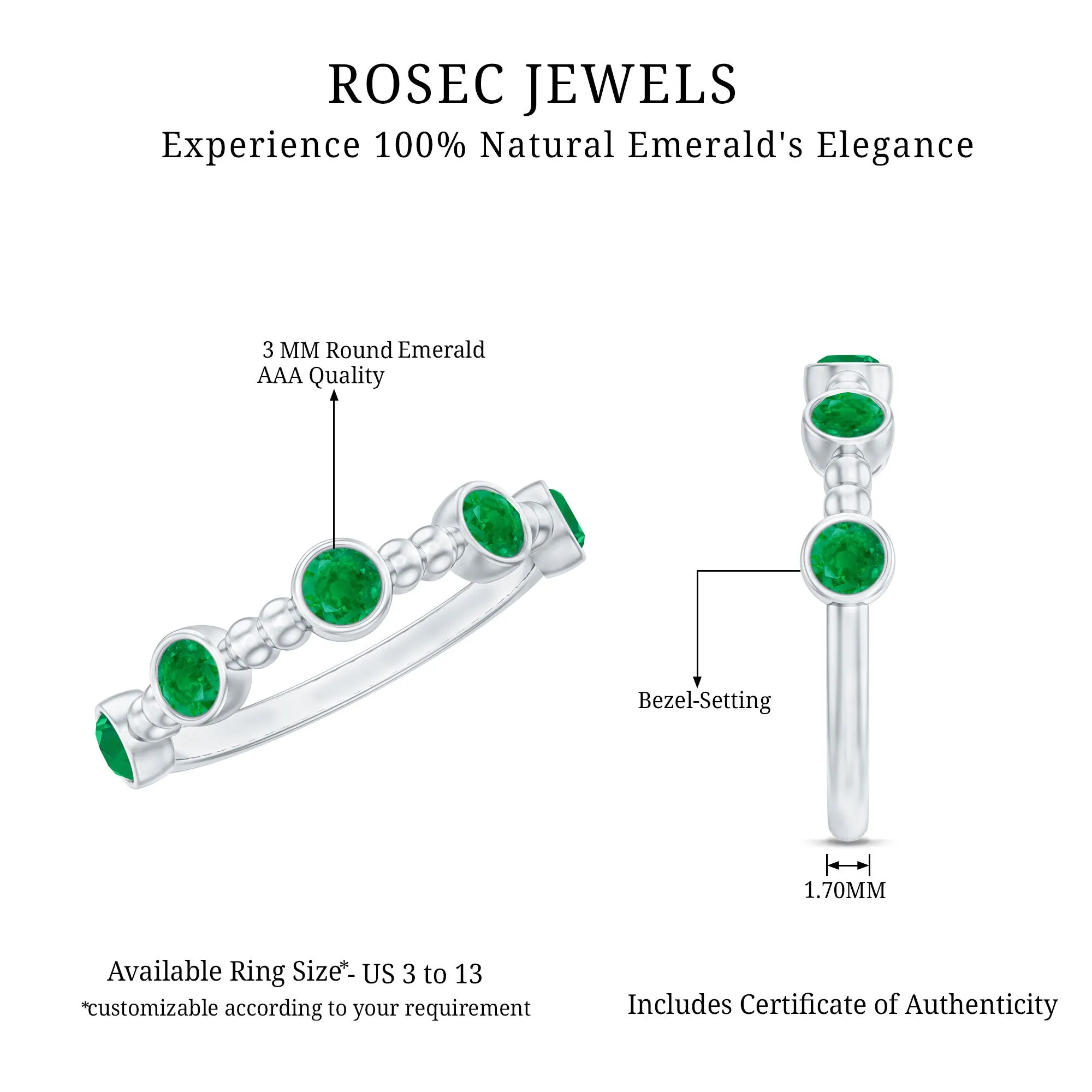 1/2 CT Bezel Set Emerald Gold Beaded Stackable Ring