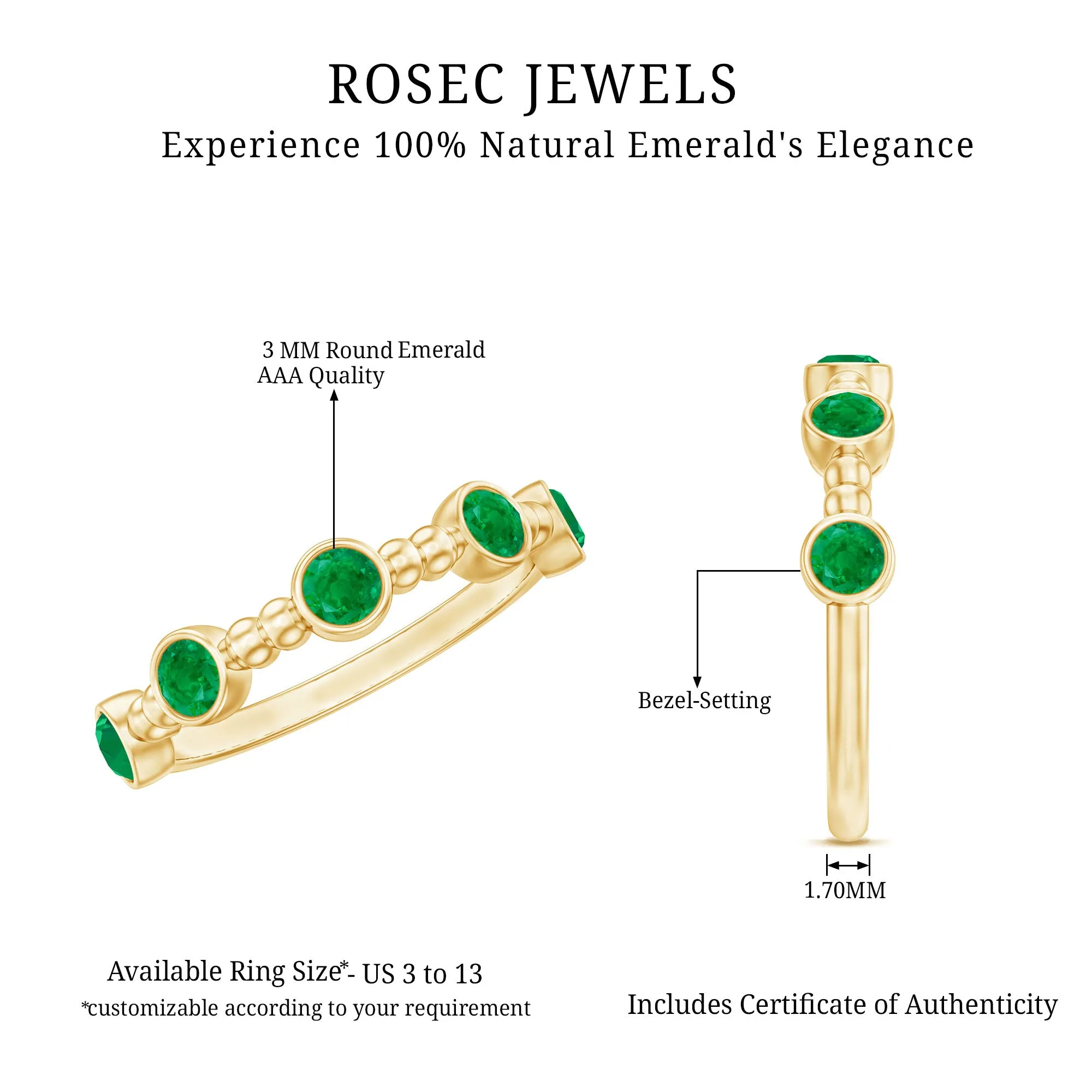 1/2 CT Bezel Set Emerald Gold Beaded Stackable Ring