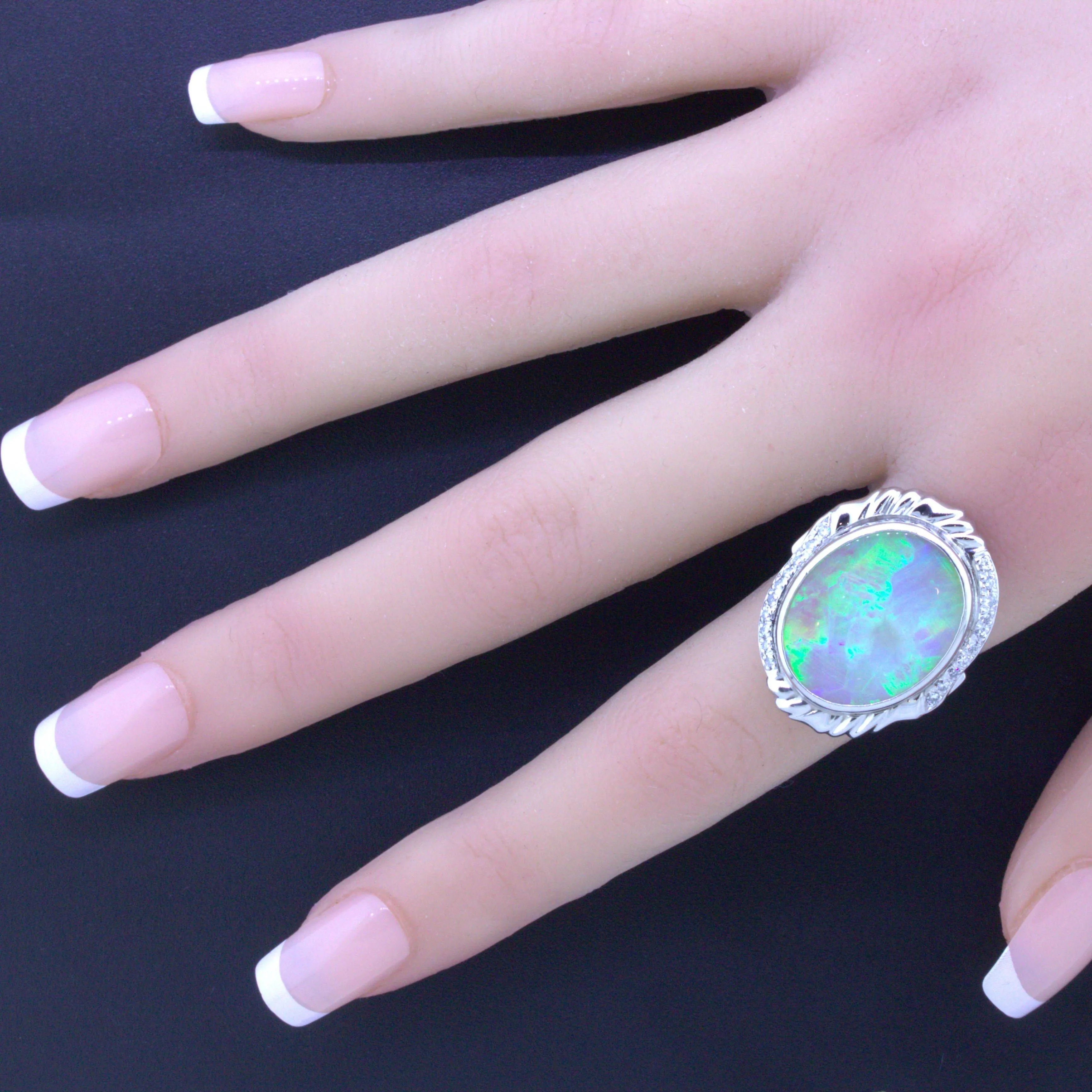 12.56 Carat Australian Opal Diamond Platinum Ring