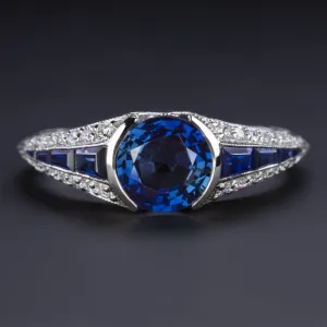 1.25ct SAPPHIRE DIAMOND VINTAGE STYLE COCKTAIL RING ART DECO 14k WHITE GOLD BLUE