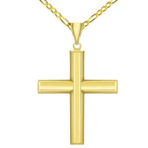 14K Gold Traditional Religious Plain Cross Pendant with Figaro Chain Necklace