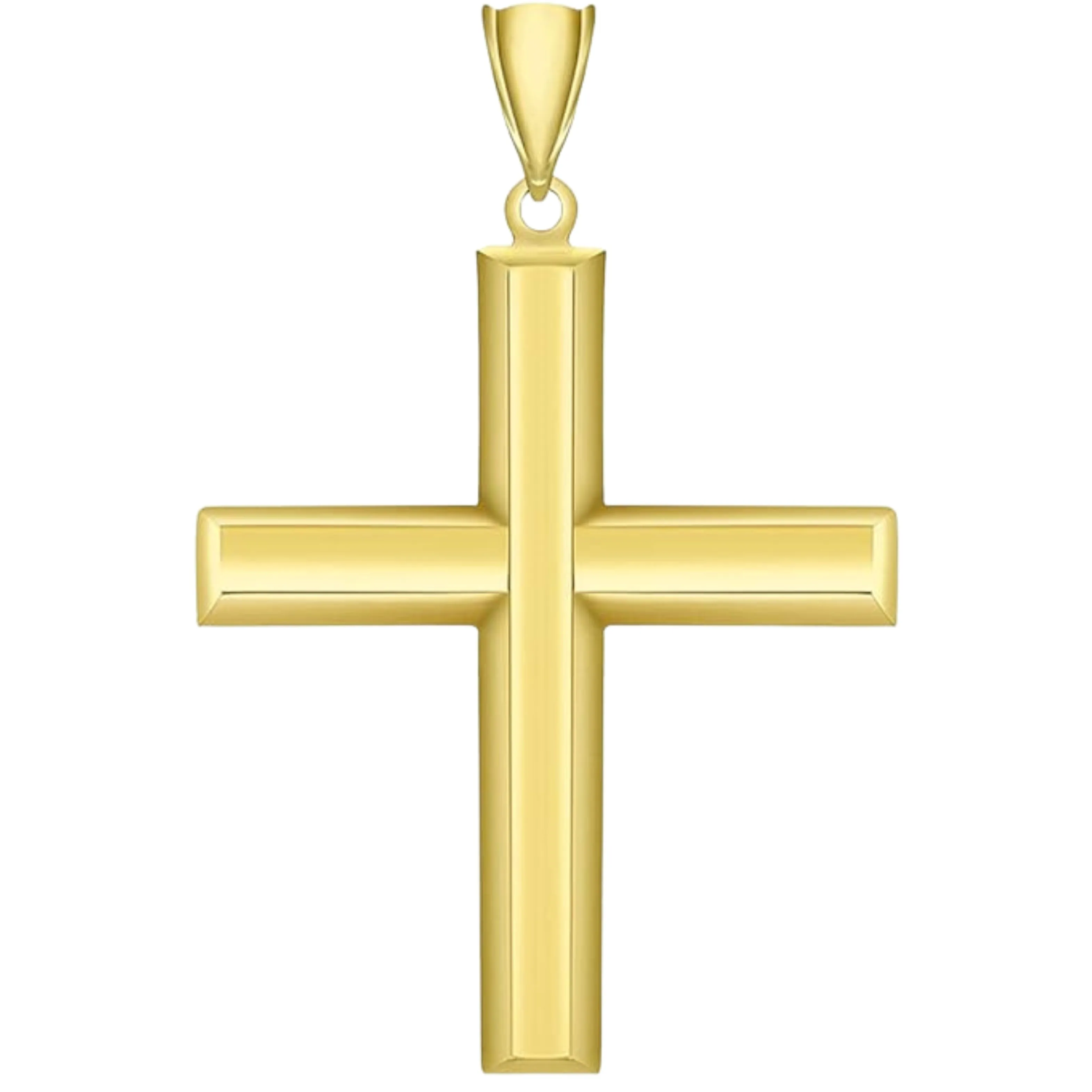 14K Gold Traditional Religious Plain Cross Pendant with Figaro Chain Necklace