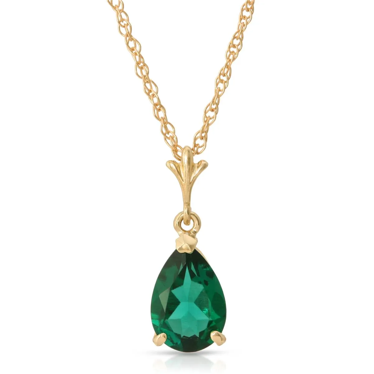 14K Solid Yellow Gold Necklace With Pear Shape 1.00 ctw High Polished Genuine Emerald - Grade AAA