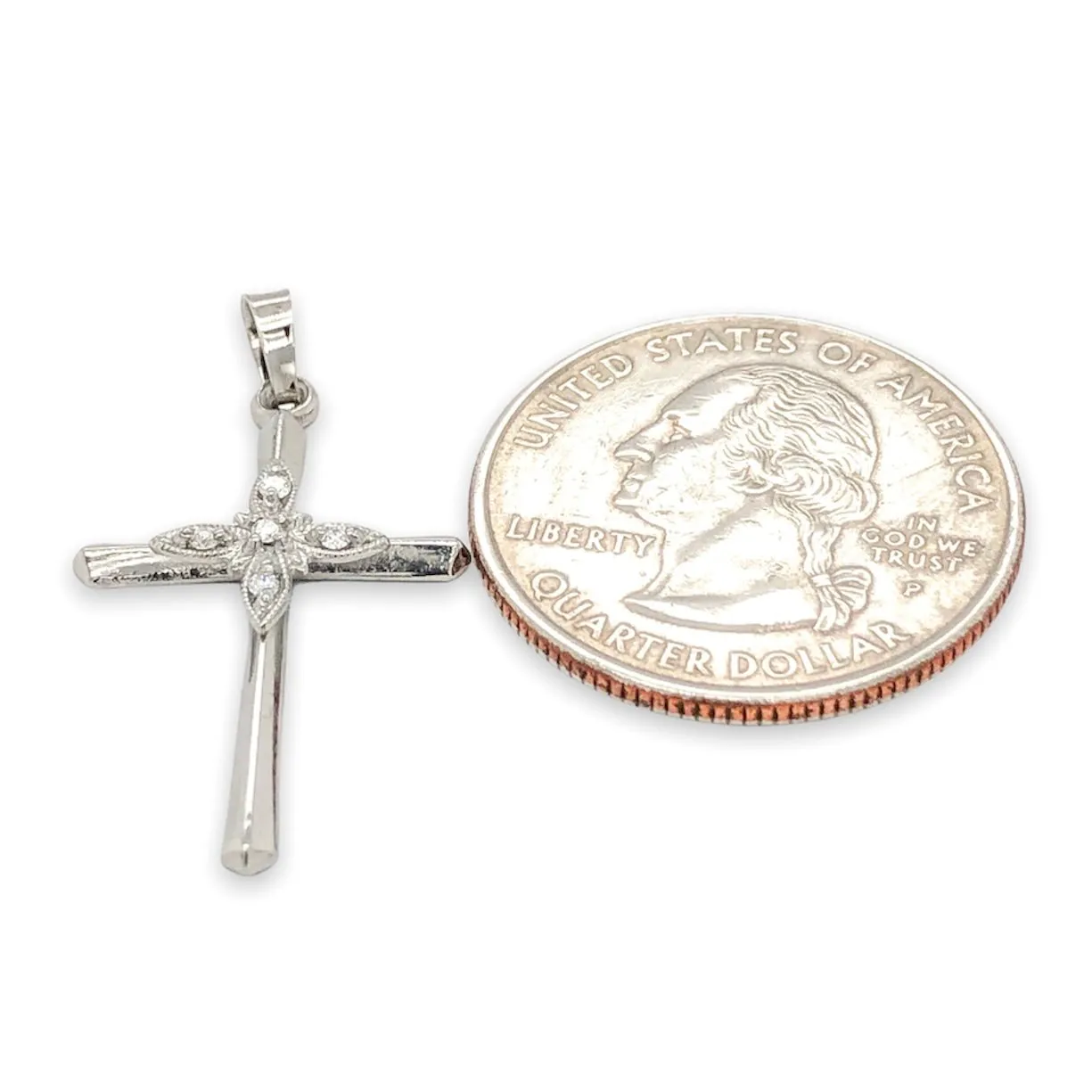14K W Gold Hollow Diamond Cross 27.9mm x 17mm