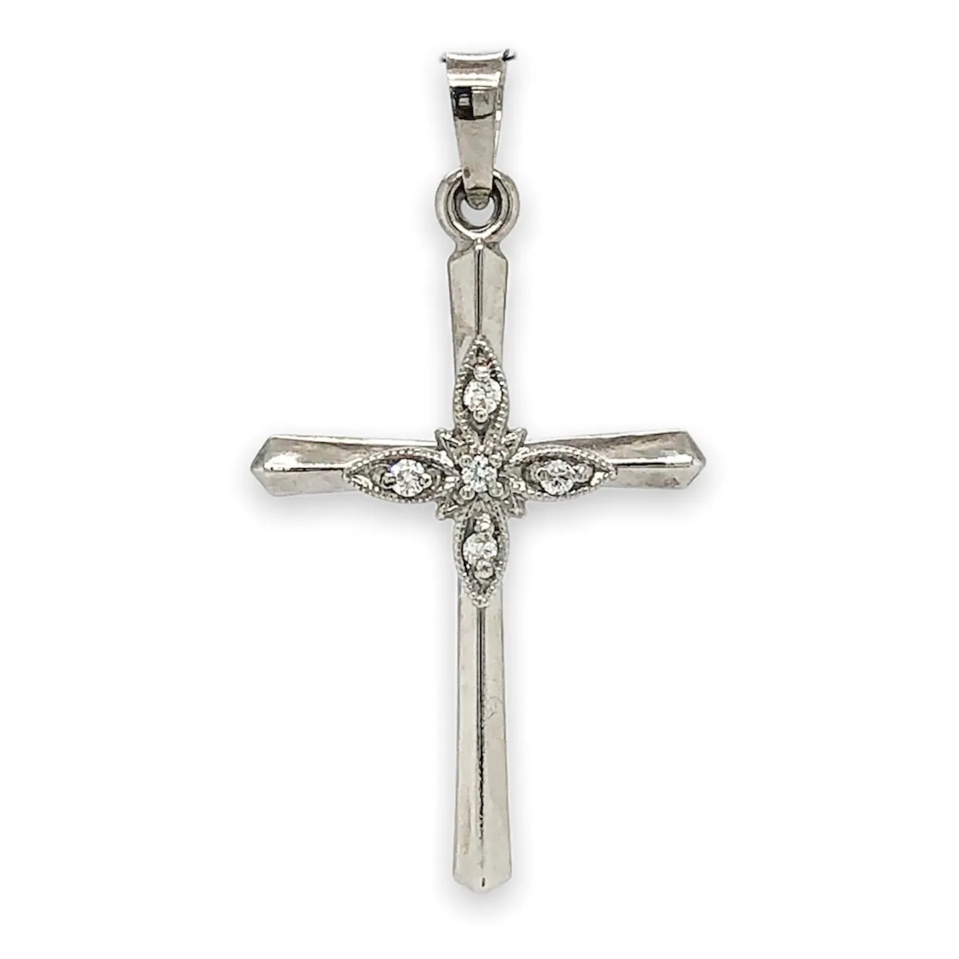 14K W Gold Hollow Diamond Cross 27.9mm x 17mm