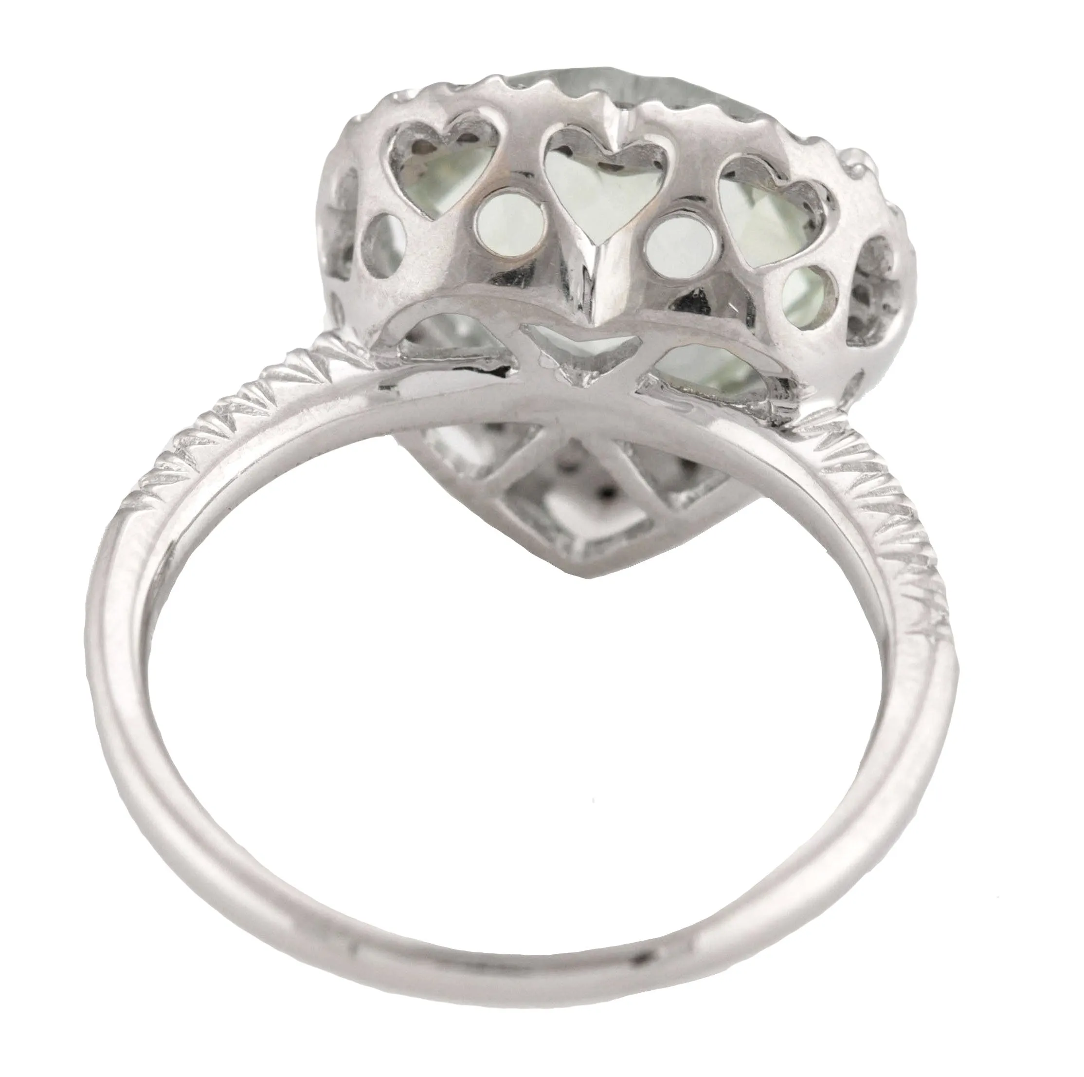 14K White Gold 12x11mm Green Quartz Diamond Puff Heart Promise Cocktail Ring