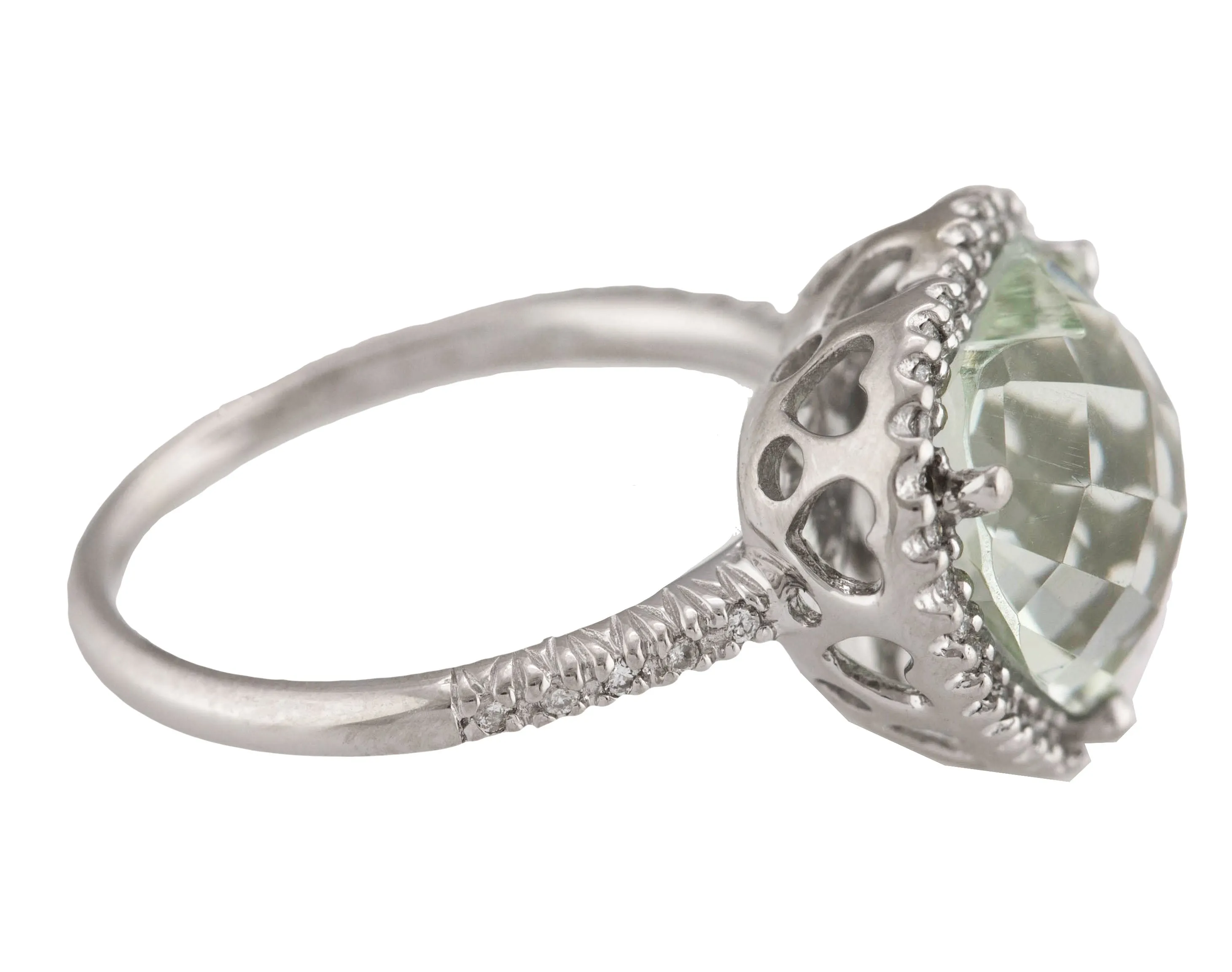 14K White Gold 12x11mm Green Quartz Diamond Puff Heart Promise Cocktail Ring