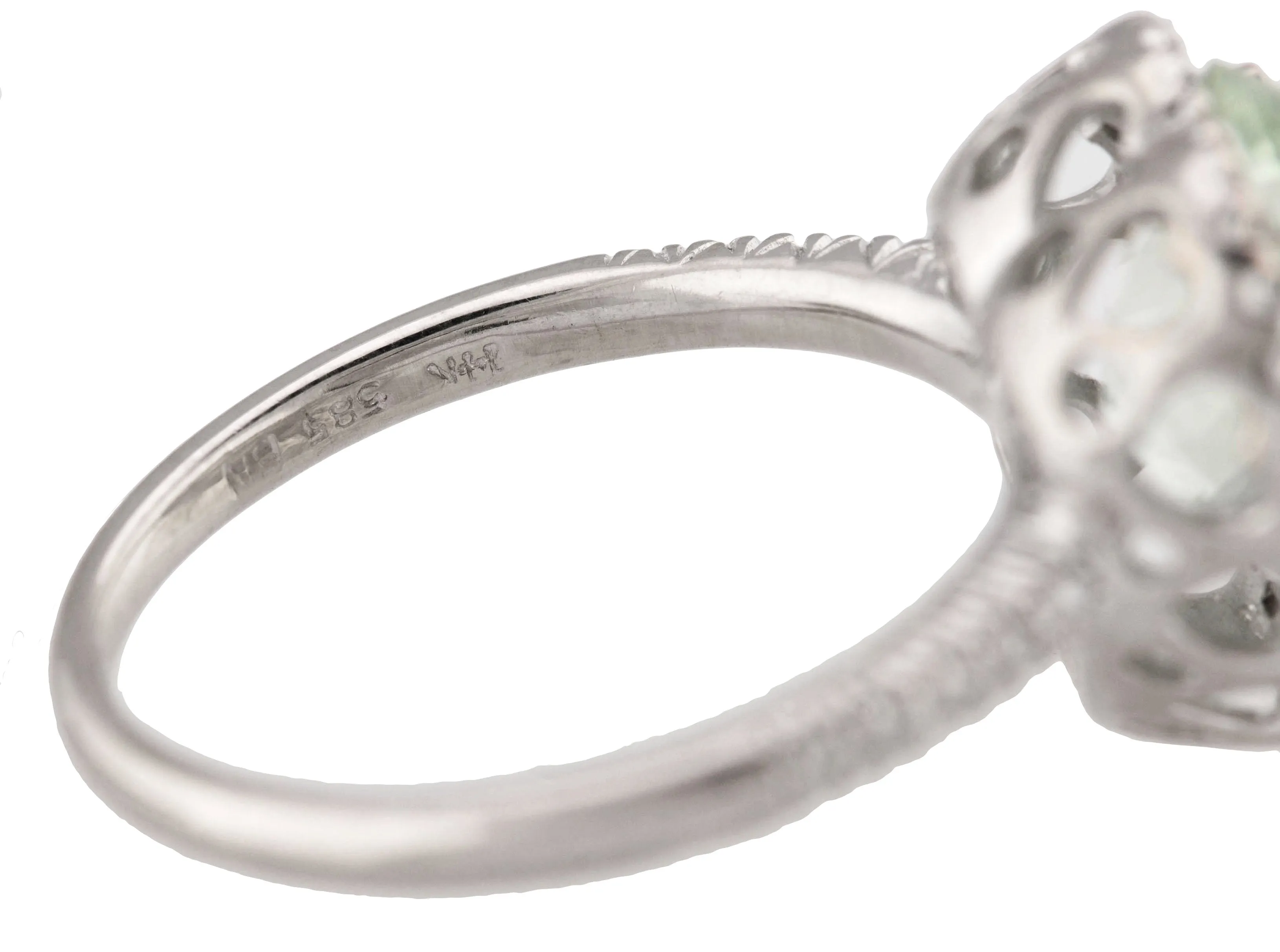 14K White Gold 12x11mm Green Quartz Diamond Puff Heart Promise Cocktail Ring