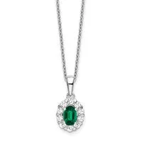 14K White Gold Lab Grown Diamond & Oval Emerald Pendant Necklace