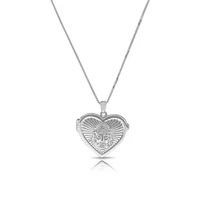 14K White Gold Religious Jesus Love Heart Locket Pendant Necklace, 18"