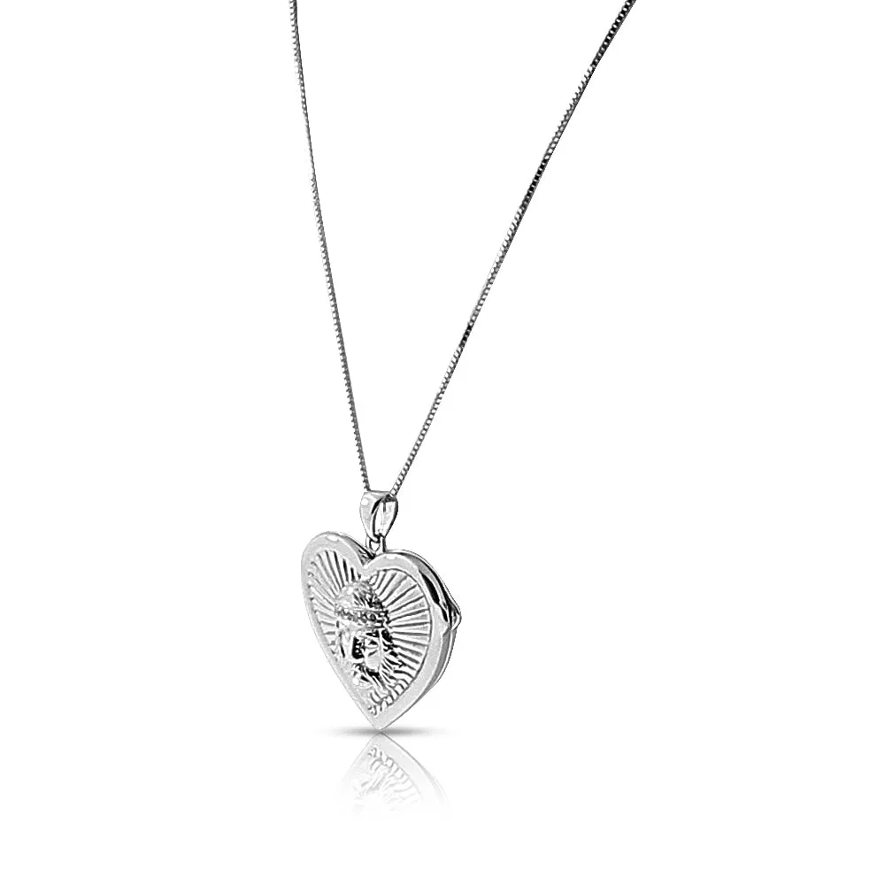 14K White Gold Religious Jesus Love Heart Locket Pendant Necklace, 18"