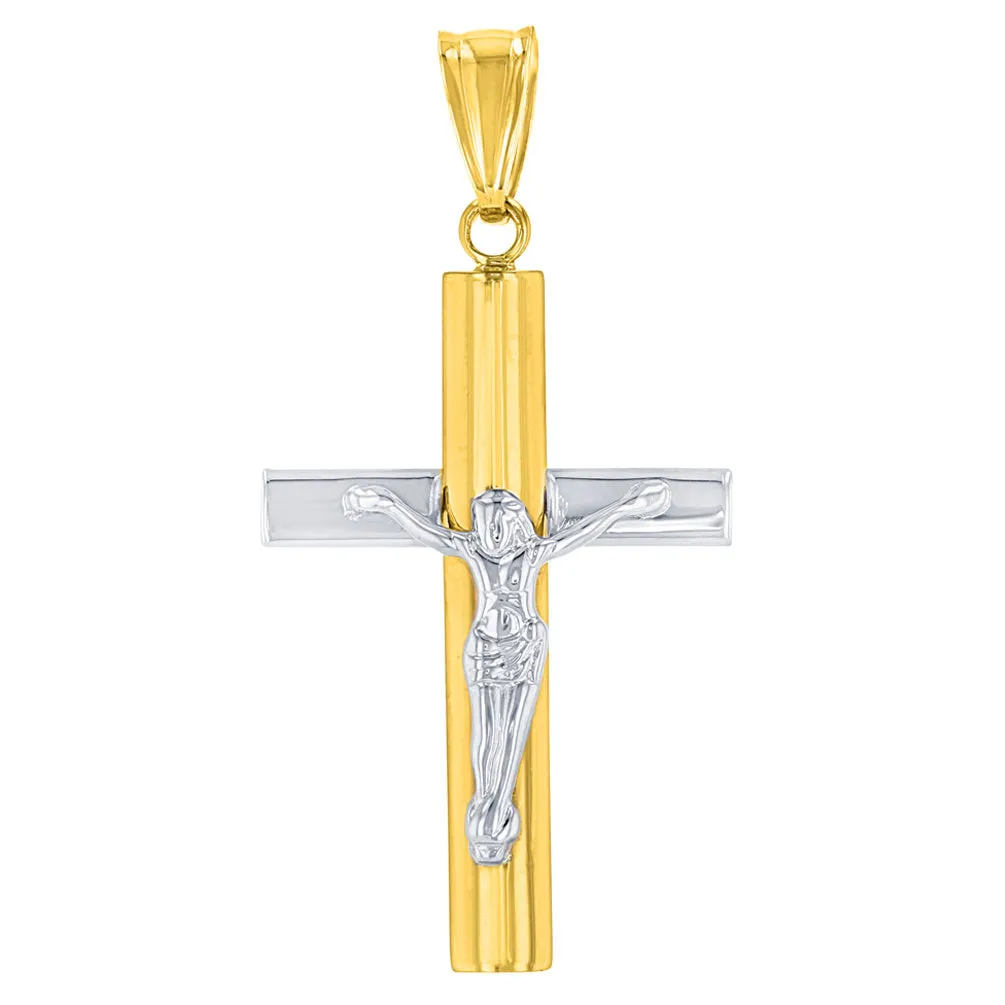 14K Yellow Gold & White Gold Religious Cross Crucifix with Jesus Christ Pendant
