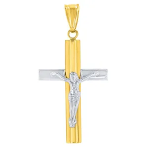 14K Yellow Gold & White Gold Religious Cross Crucifix with Jesus Christ Pendant