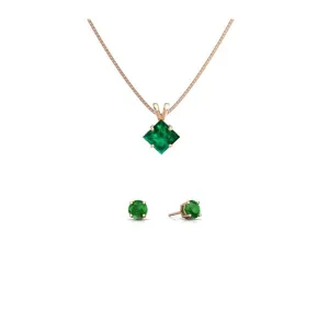 18K Rose Gold 2ct Emerald Princess Cut 18 Inch Necklace and Round Earrings Set Plated