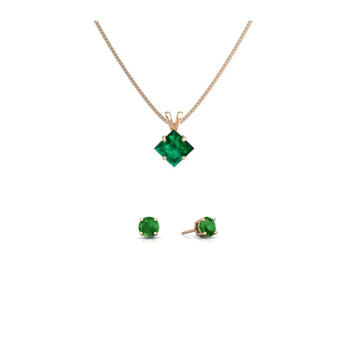 18K Rose Gold 2ct Emerald Princess Cut 18 Inch Necklace and Round Earrings Set Plated