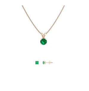 18K Rose Gold 3ct Emerald Round 18 Inch Necklace and Square Earrings Set Plated