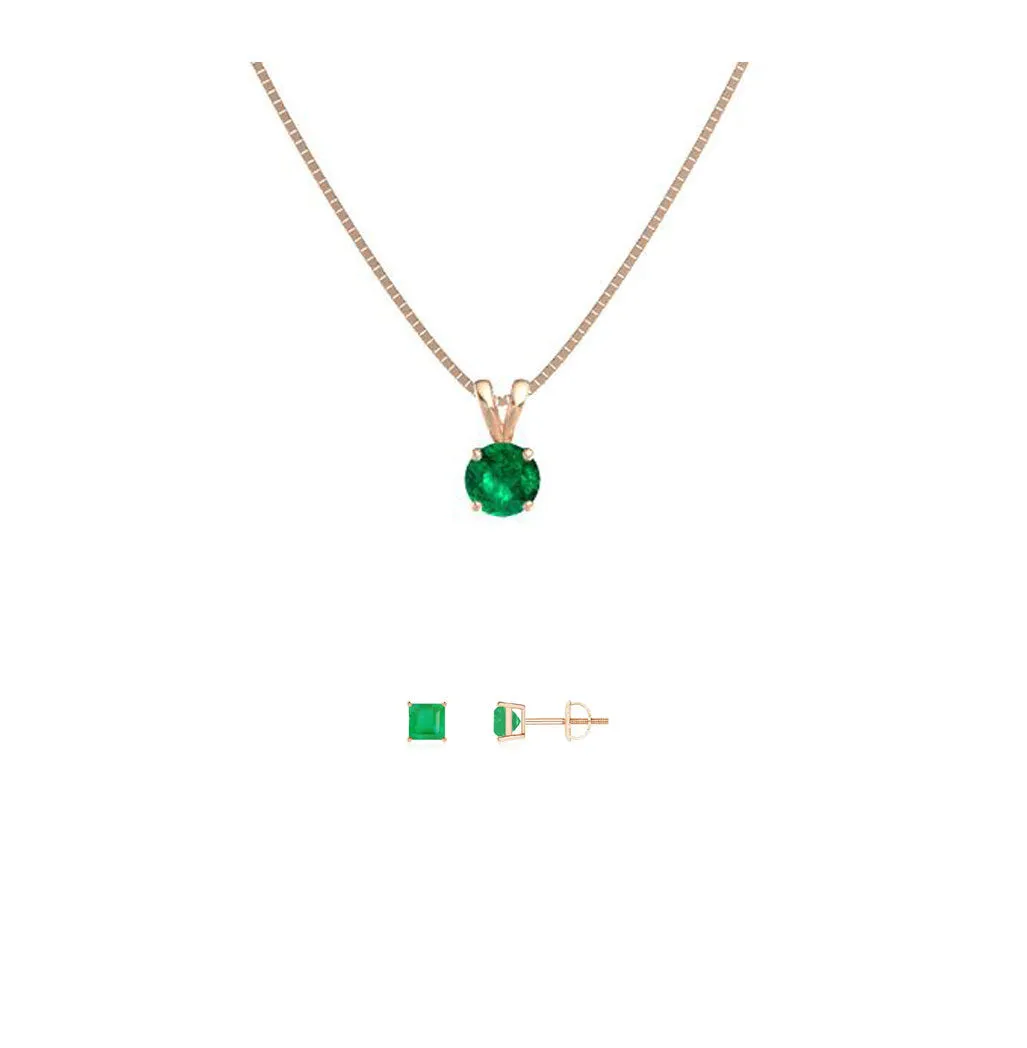 18K Rose Gold 3ct Emerald Round 18 Inch Necklace and Square Earrings Set Plated