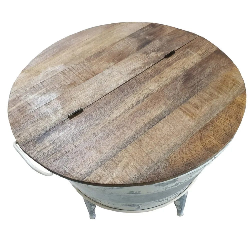 26 inch Accent Round Cocktail Table, Tub Like Iron Base, Brown, Gray, Washed White By Casagear Home