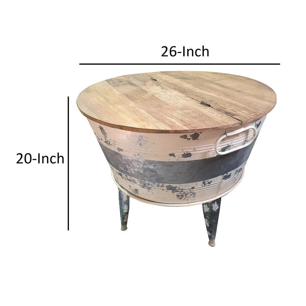 26 inch Accent Round Cocktail Table, Tub Like Iron Base, Brown, Gray, Washed White By Casagear Home