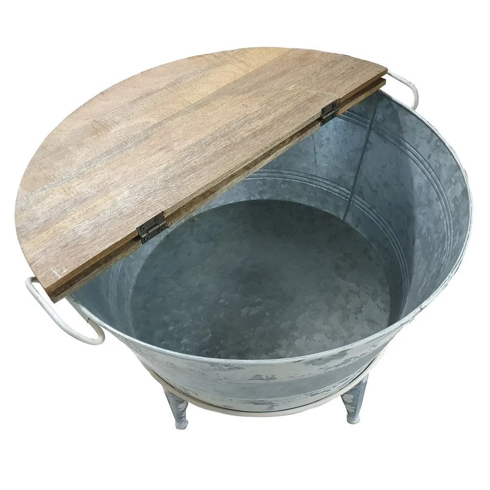 26 inch Accent Round Cocktail Table, Tub Like Iron Base, Brown, Gray, Washed White By Casagear Home