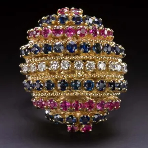 3 CARAT DIAMOND RUBY SAPPHIRE VINTAGE COCKTAIL RING BIG STATEMENT DOMED GOLD 3ct