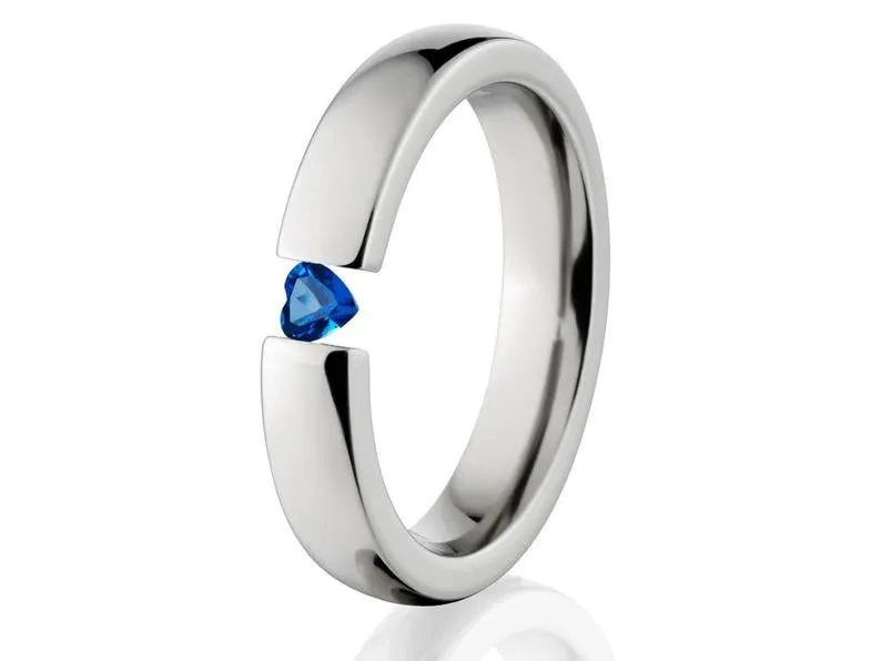 4mm Titanium Tension Set Rings, Heart Blue Topaz
