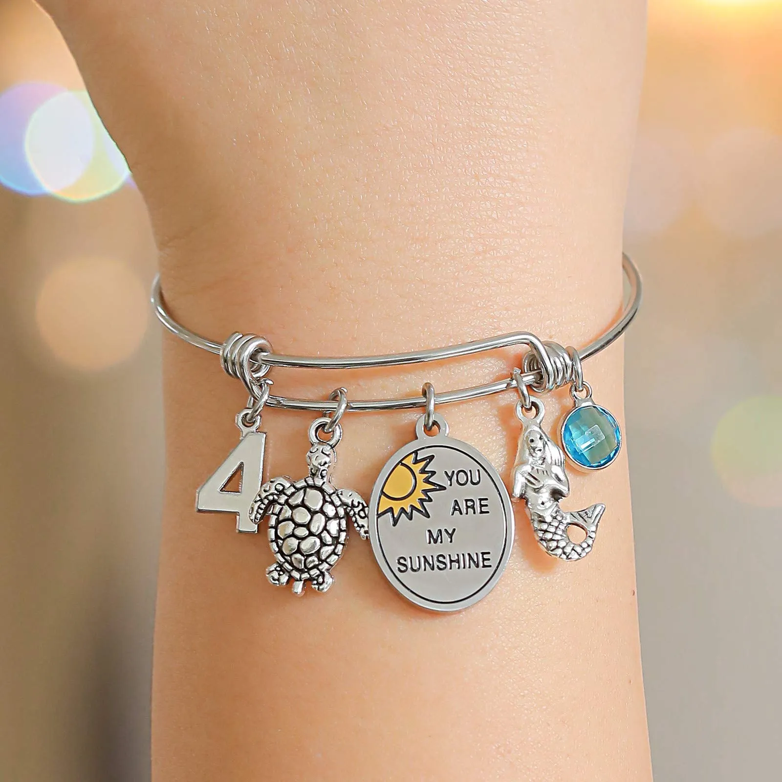 4th -100th Birthday Jewelry Gifts for Girls & Women 6th 10th 13th 16th 18th 21st 30th 40th 50th Adjustable Wire Banlge Charm Bracelets "4th"