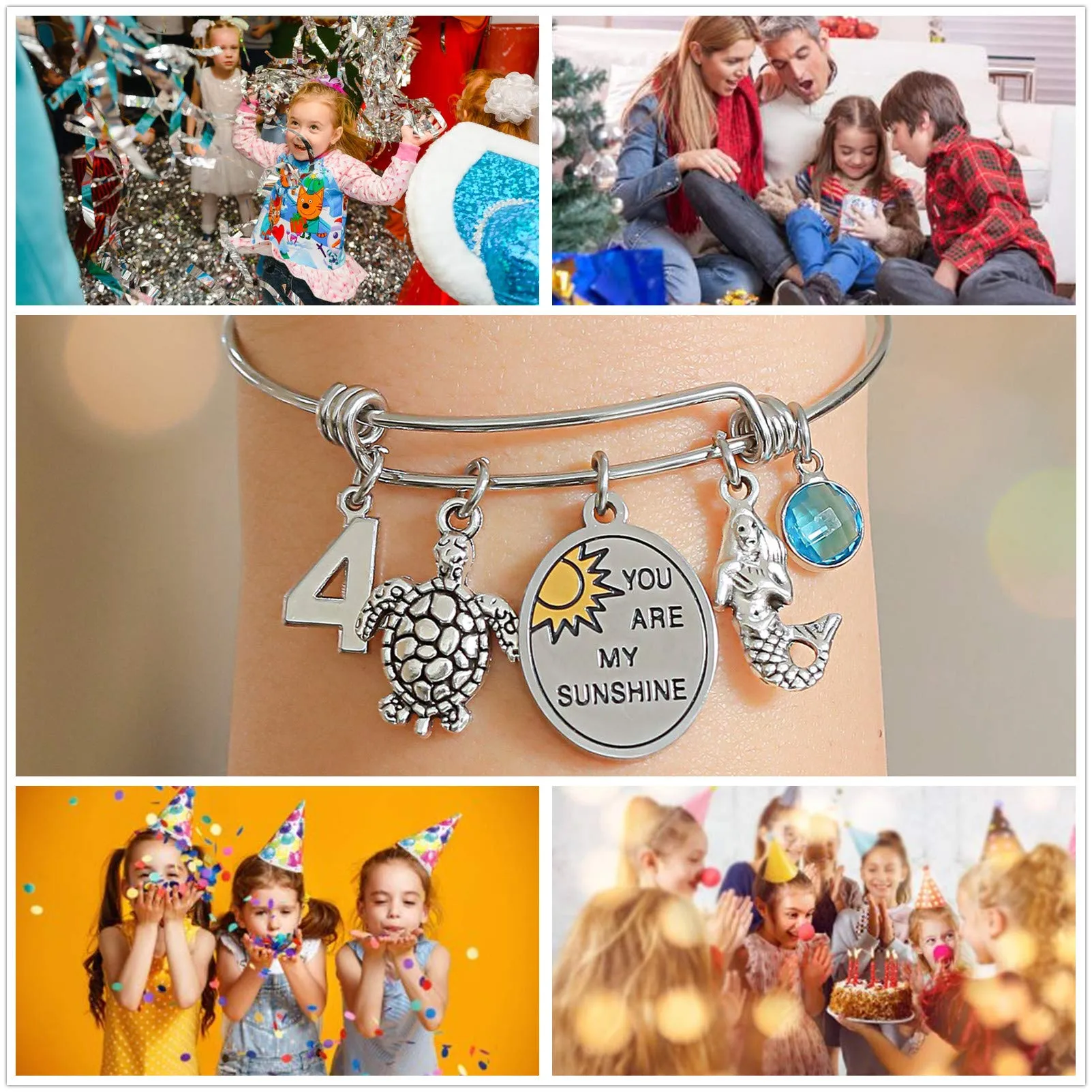 4th -100th Birthday Jewelry Gifts for Girls & Women 6th 10th 13th 16th 18th 21st 30th 40th 50th Adjustable Wire Banlge Charm Bracelets "4th"