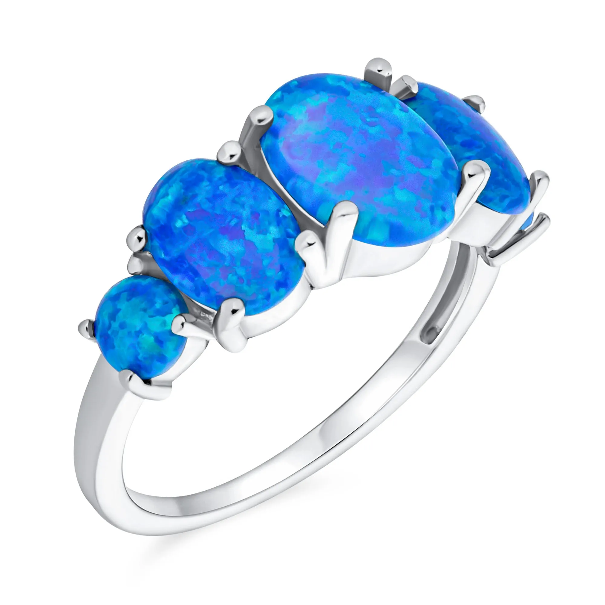 5 Oval Created Blue Green Opal 1/2 Eternity Band Ring .925 Silver