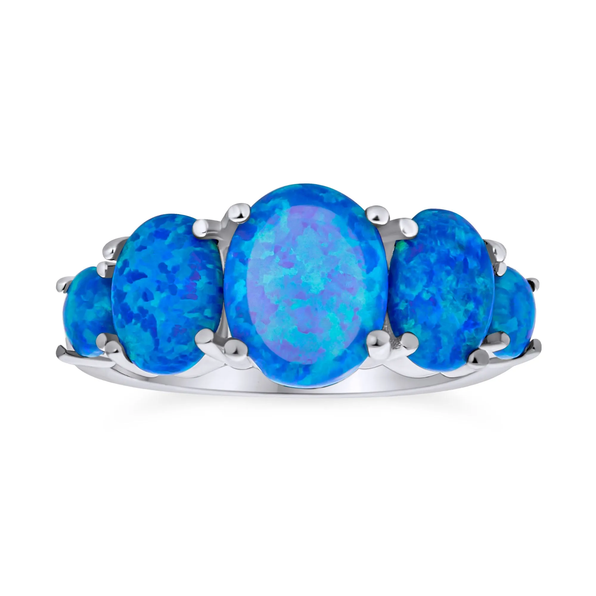 5 Oval Created Blue Green Opal 1/2 Eternity Band Ring .925 Silver