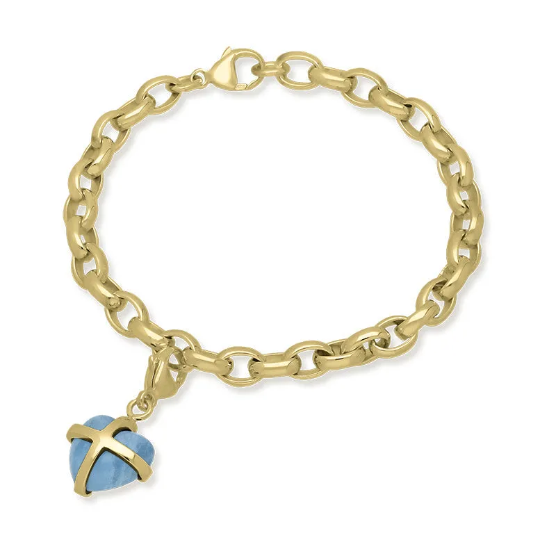 9ct Yellow Gold Aquamarine Small Cross Heart Charm Bracelet