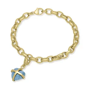 9ct Yellow Gold Aquamarine Small Cross Heart Charm Bracelet