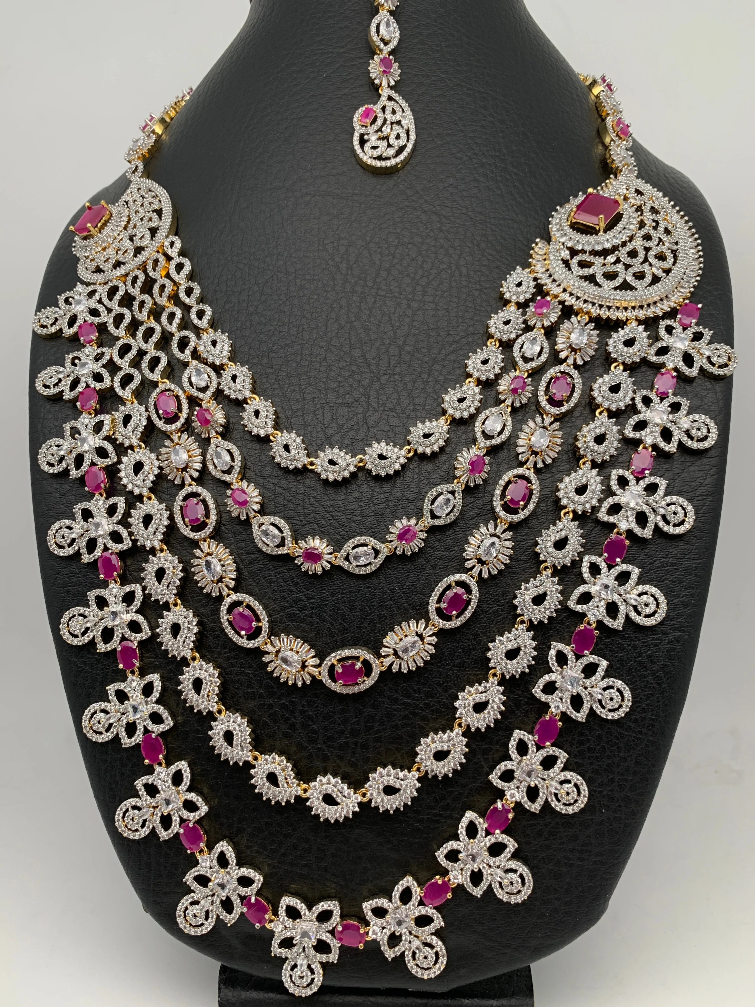 AD Diamond Finish Ruby Red Stone Five Layer Long Necklace