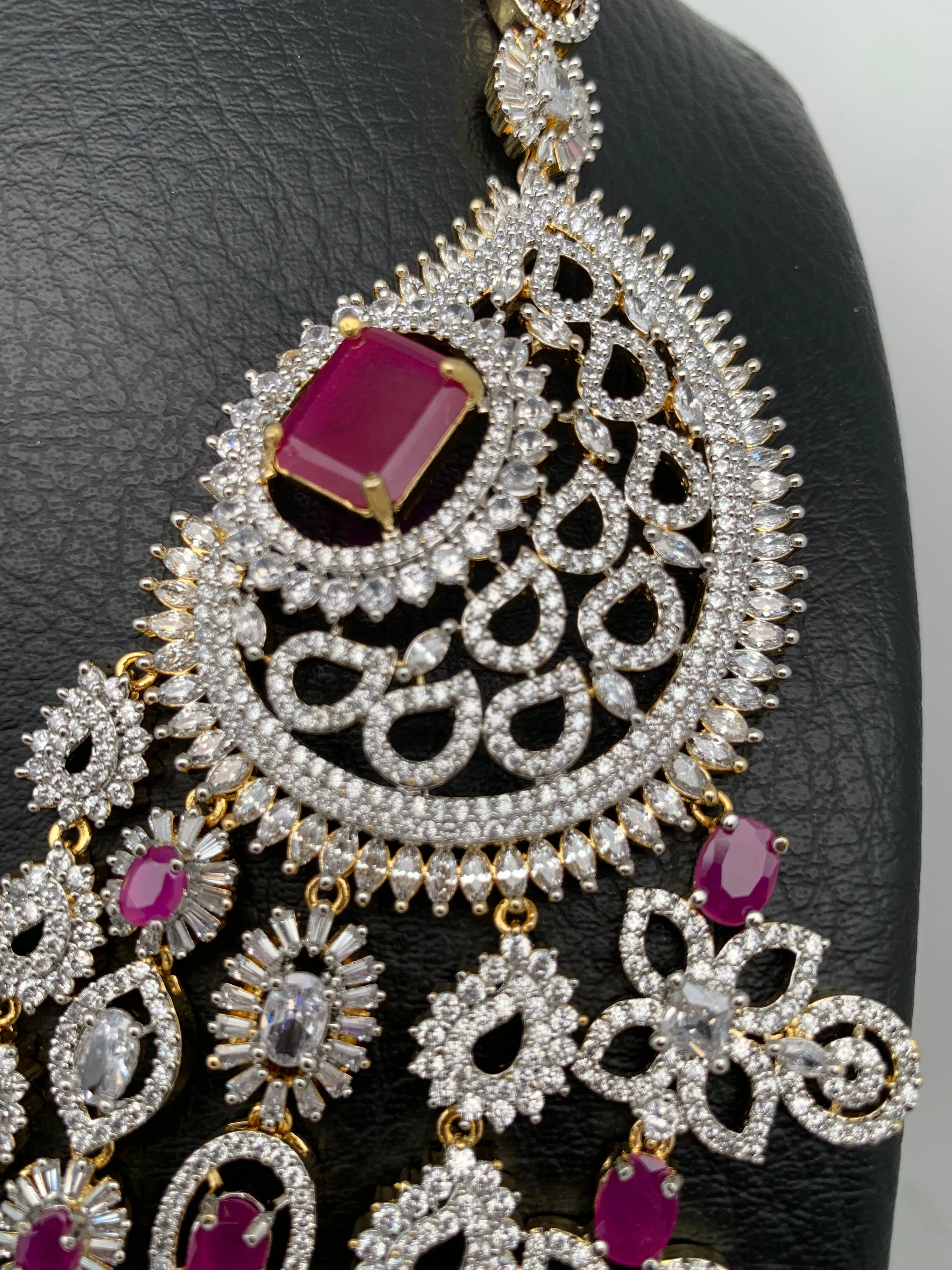 AD Diamond Finish Ruby Red Stone Five Layer Long Necklace