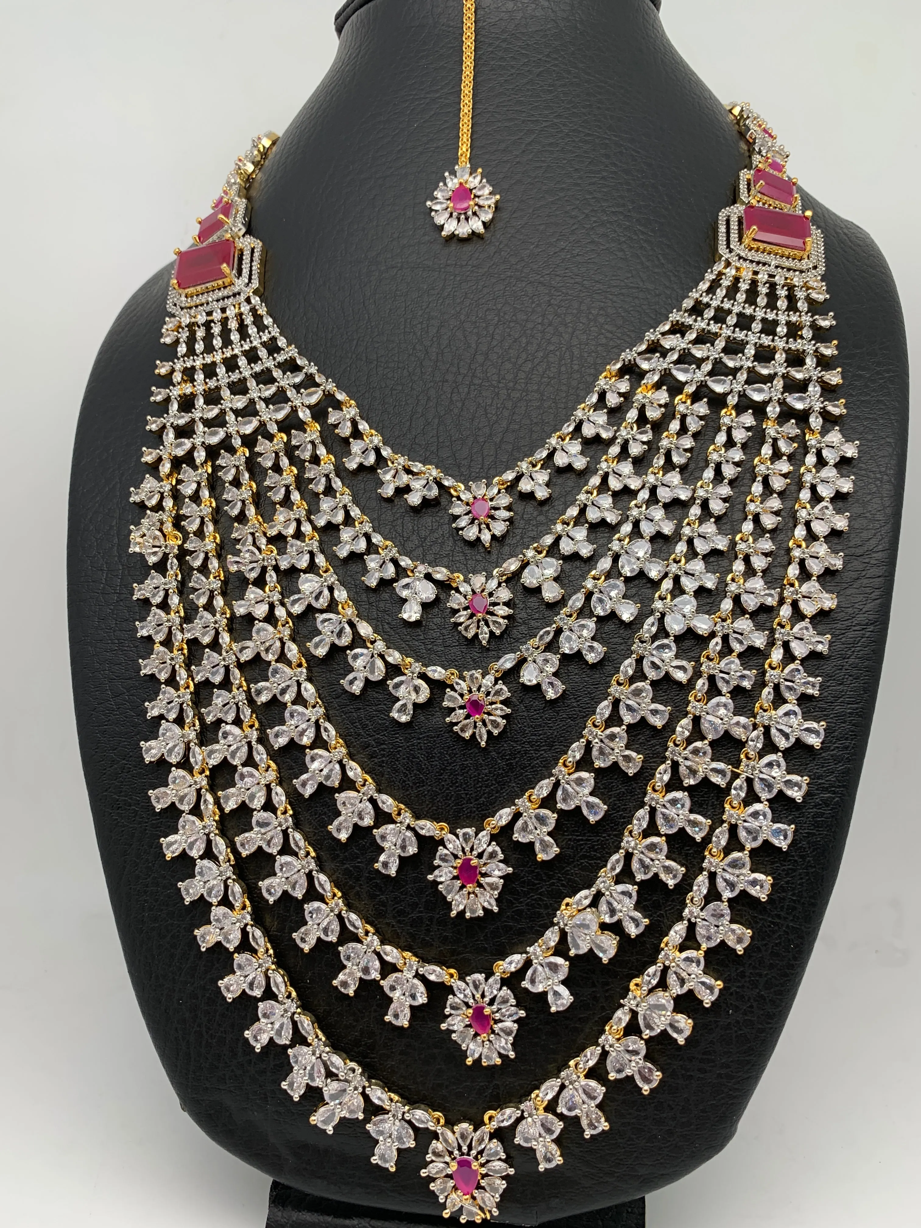 AD Diamond Finish Ruby Red Stone Six Layer Long Necklace