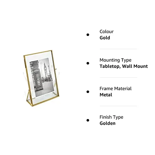 A.H Royal Art Decorative Picture Artwork Table Top Frame, Double Glass Floating Frame Style Gallery Wall Frame for Picture, Poster, Size - 5x7 inch ,Brass