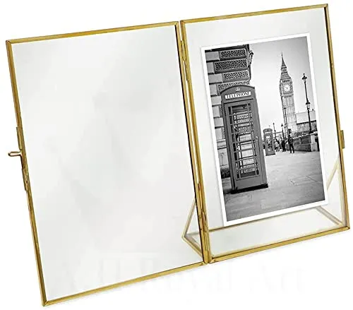 A.H Royal Art Decorative Picture Artwork Table Top Frame, Double Glass Floating Frame Style Gallery Wall Frame for Picture, Poster, Size - 5x7 inch ,Brass