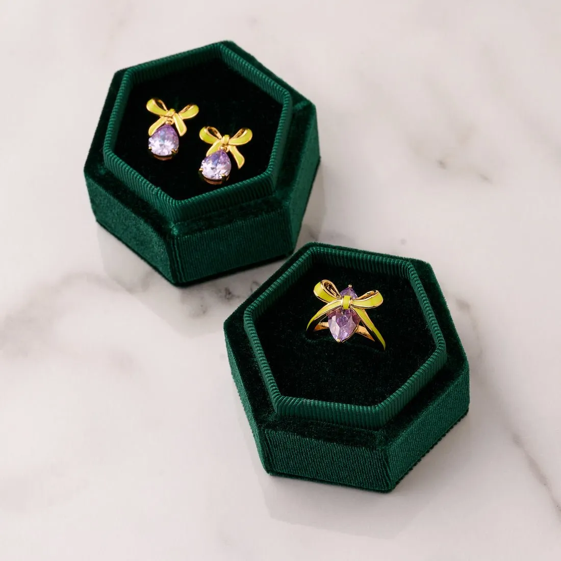 Amelia Bow Ring Lime Enamel, Lilac CZ and Gold