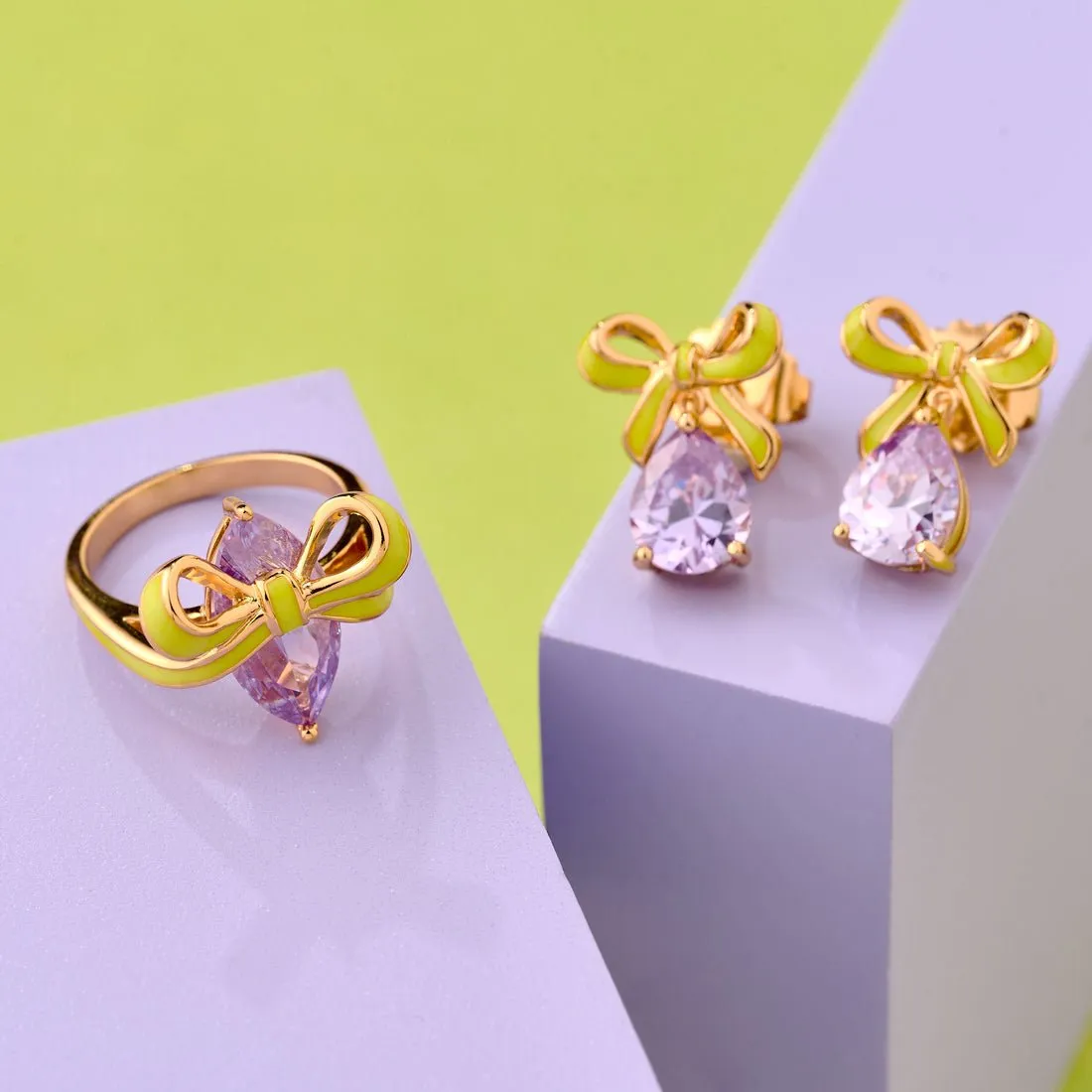 Amelia Bow Ring Lime Enamel, Lilac CZ and Gold