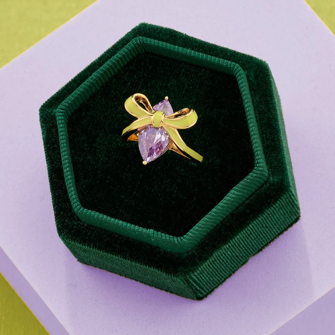 Amelia Bow Ring Lime Enamel, Lilac CZ and Gold