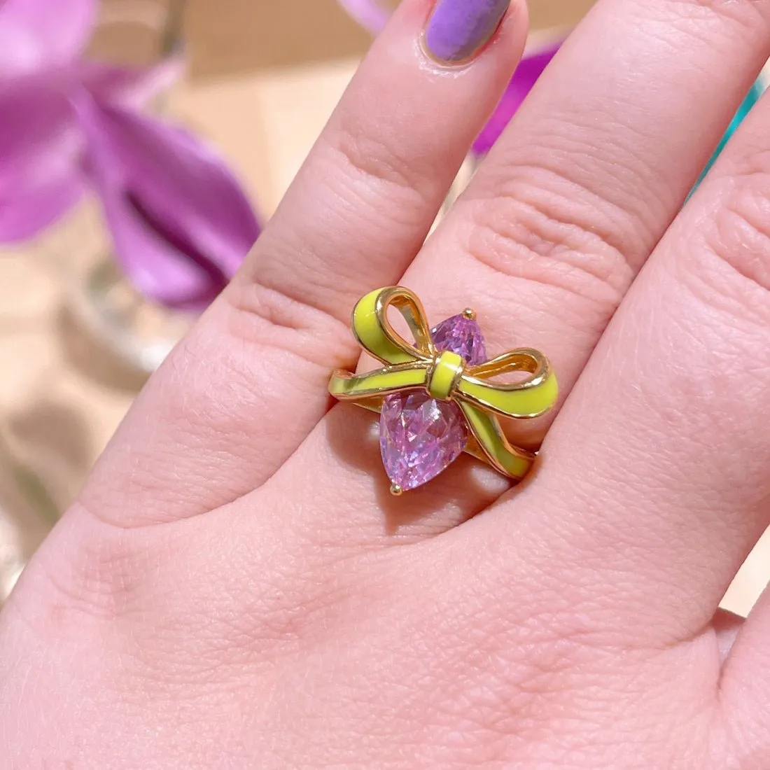 Amelia Bow Ring Lime Enamel, Lilac CZ and Gold