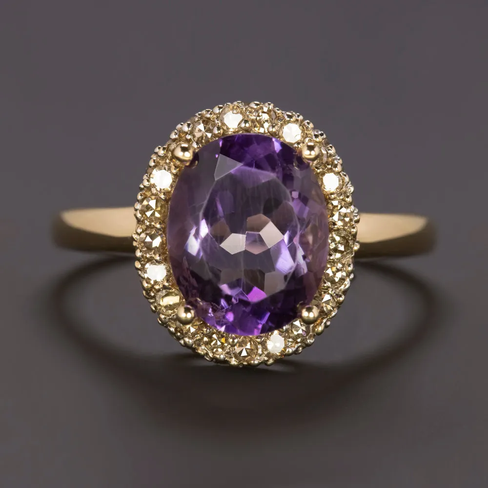 AMETHYST DIAMOND 14k YELLOW GOLD COCKTAIL RING OVAL SHAPE HALO NATURAL PURPLE