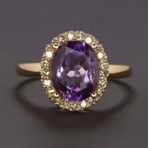 AMETHYST DIAMOND 14k YELLOW GOLD COCKTAIL RING OVAL SHAPE HALO NATURAL PURPLE