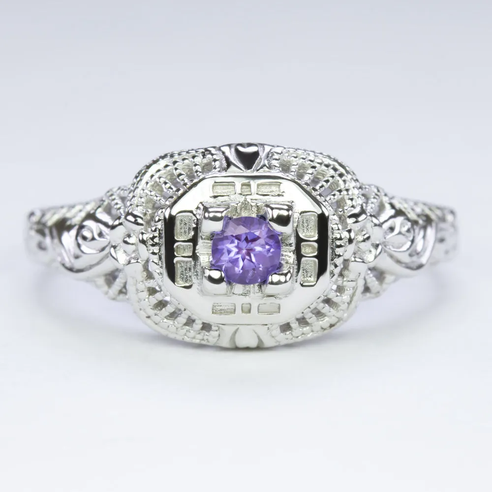 AMETHYST STERLING SILVER VINTAGE STYLE COCKTAIL RING FILIGREE DAINTY ROUND CUT