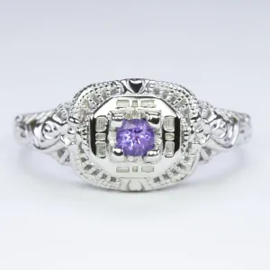 AMETHYST STERLING SILVER VINTAGE STYLE COCKTAIL RING FILIGREE DAINTY ROUND CUT
